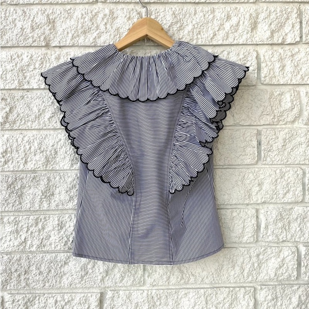 HUNTER BELL Black and White Striped Ruffle-Trim Tie-Neck Blouse - Picture 8 of 10